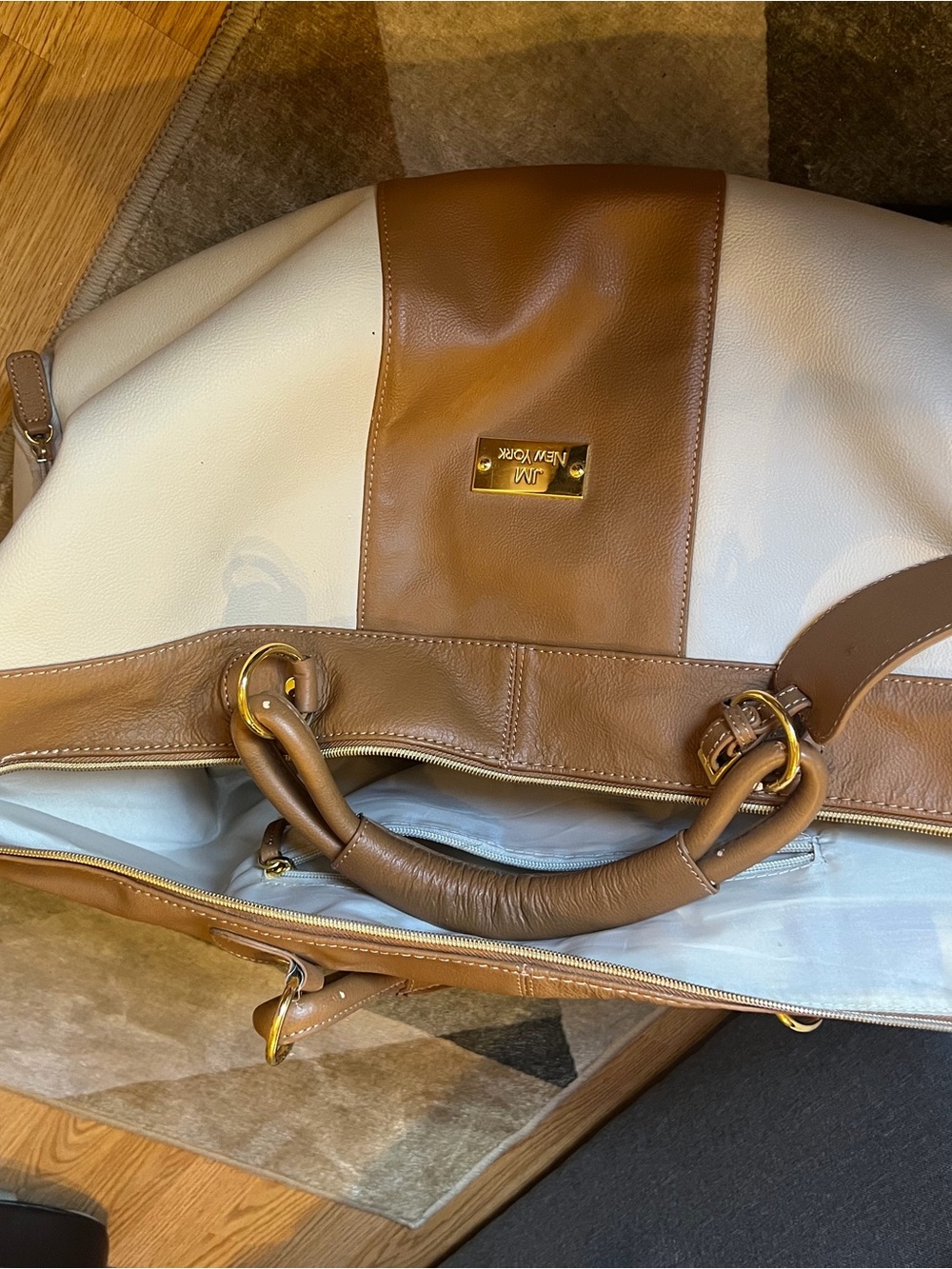 SM New York Brown and Cream Leather Tote Bag